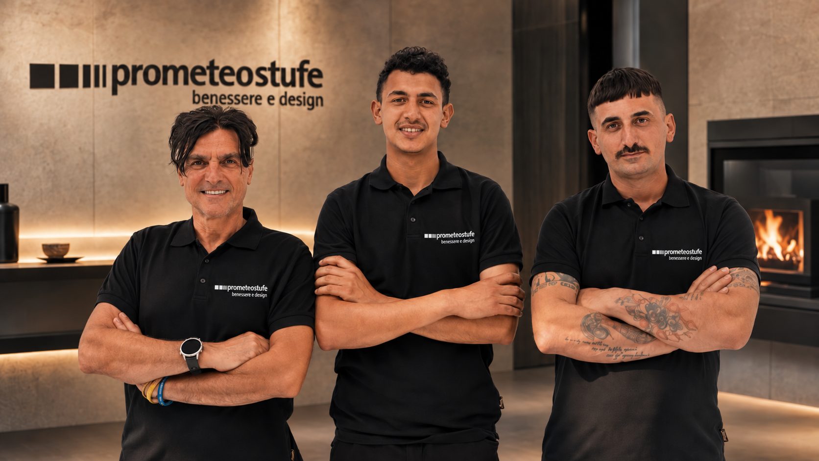 I tre tecnici Prometeo Stufe davanti al camino dello showroom