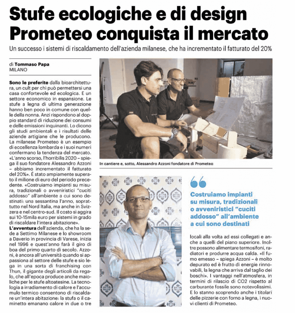 Il Giorno: “Stufe ecologiche e di design Prometeo conquista il mercato”