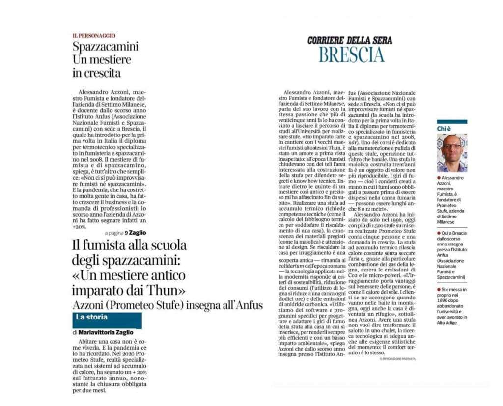 Corriere della Sera Brescia: “Il fumista alla scuola degli spazzacamini: Un mestiere antico, imparato dai Thun”