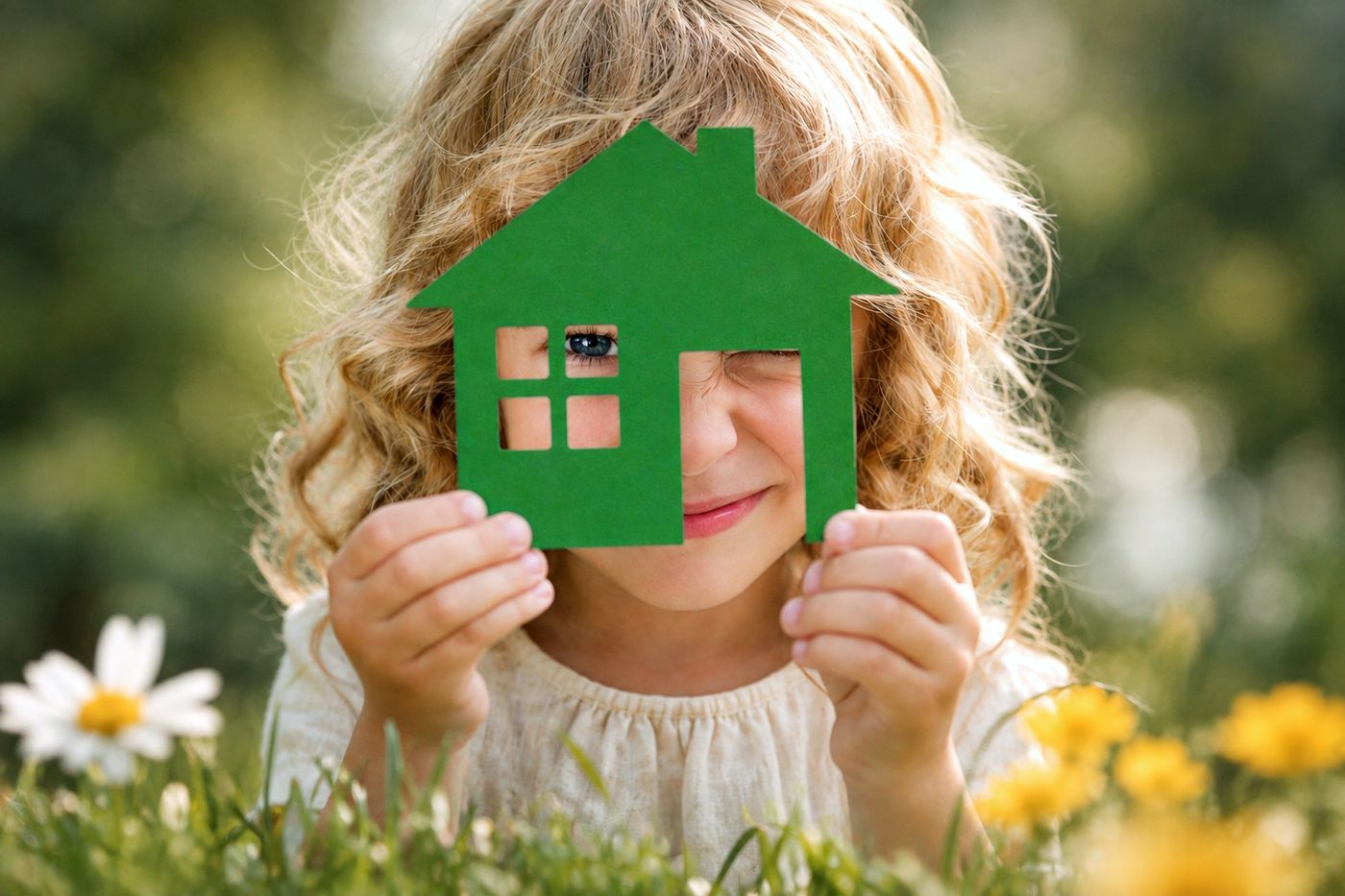 Una bambina con in mano la sagoma di una casa verde