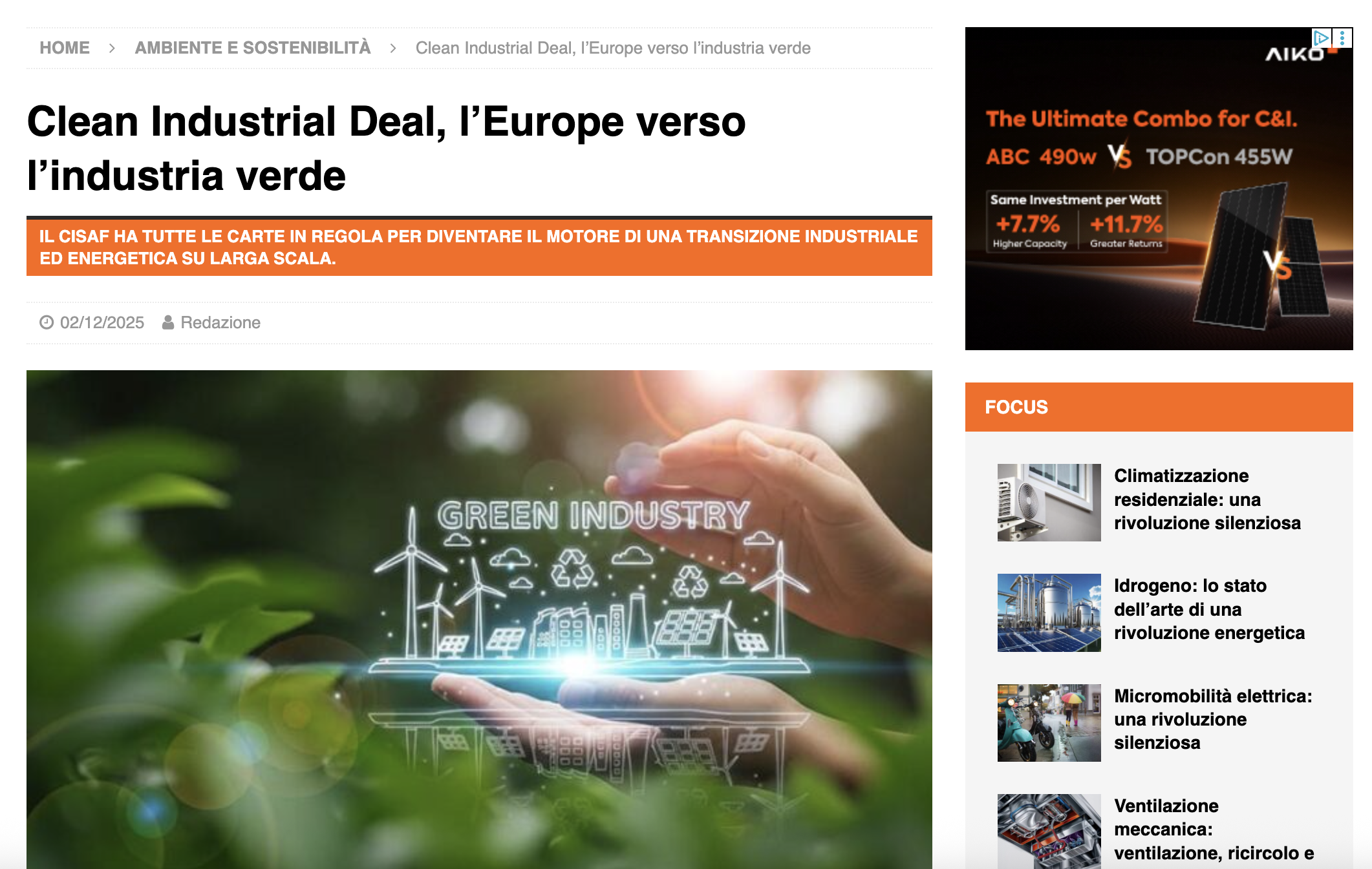 Impianto industria verde e tecnologie clean tech Clean Industrial Deal